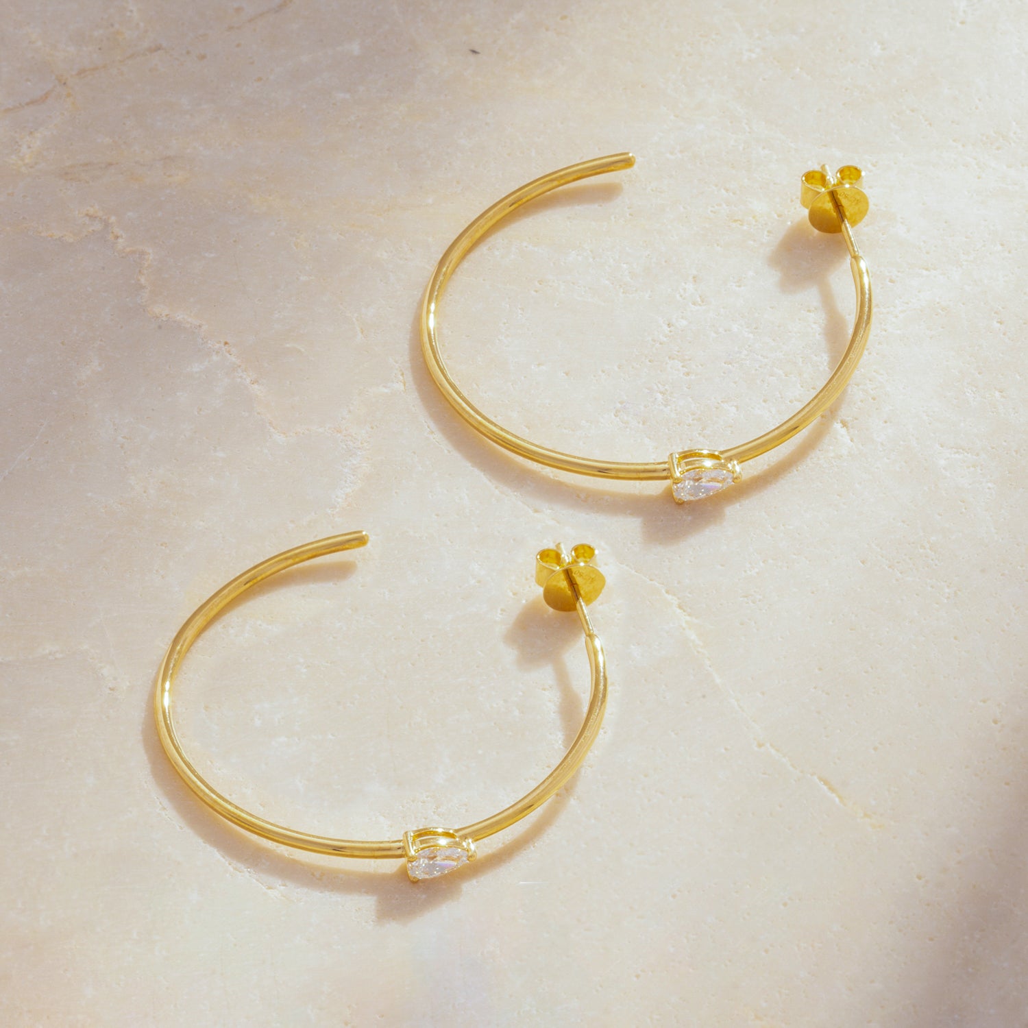 18K Gold Pear Diamond Centered Statement Hoops